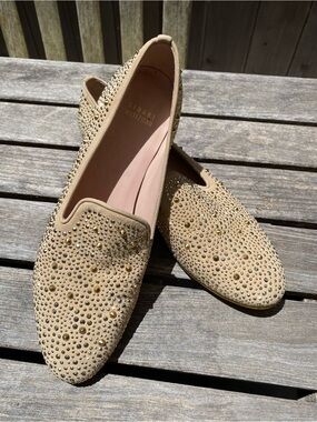 Stuart Weitzman Tan Suede Crystal-Studded Loafers Size 9
